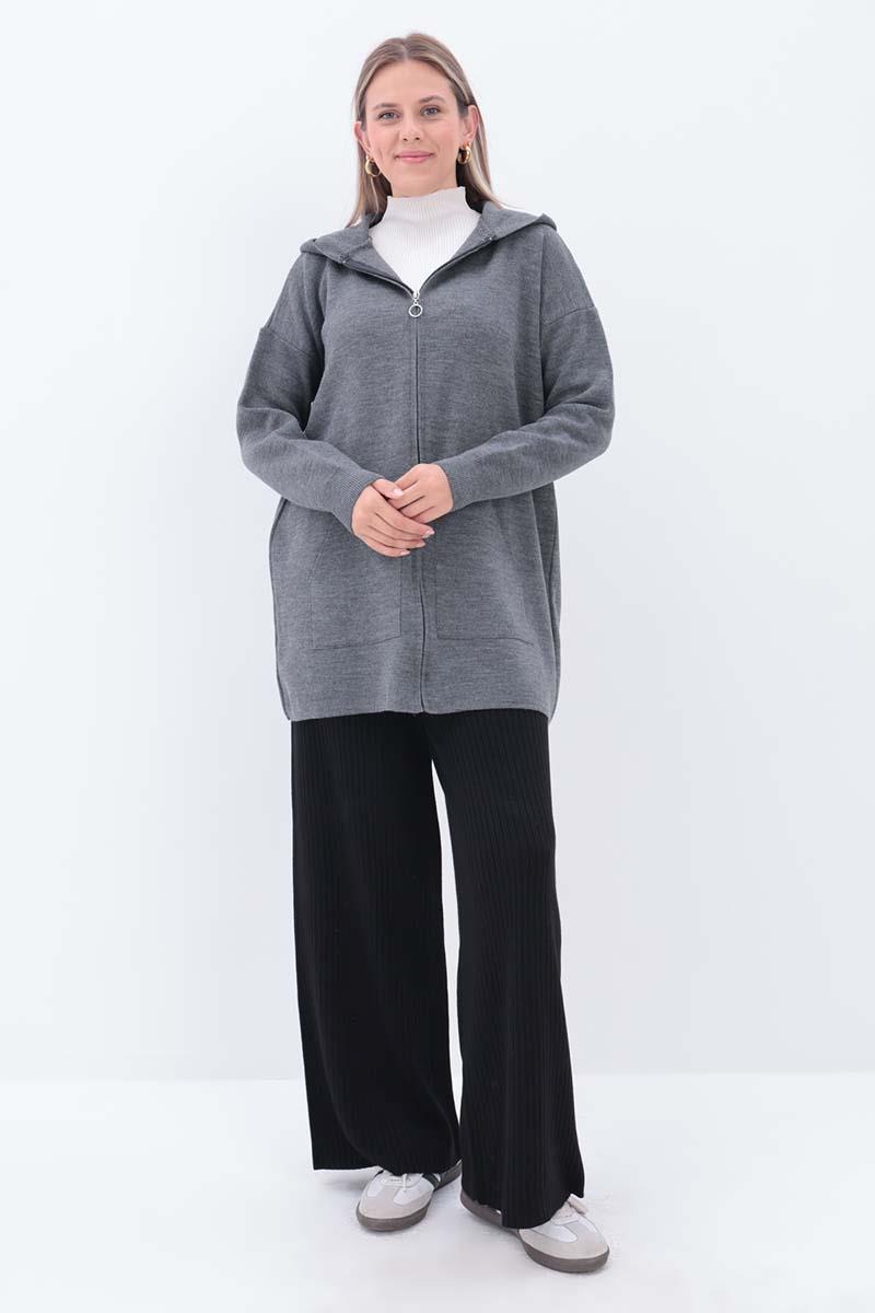 Fermuarlı Kapüşonlu Triko Hırka