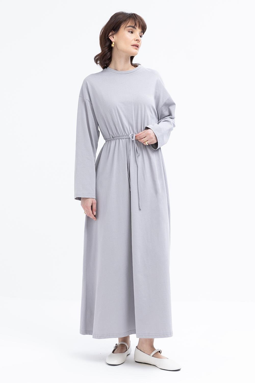 Gri-Beli Bağlamalı Elbise