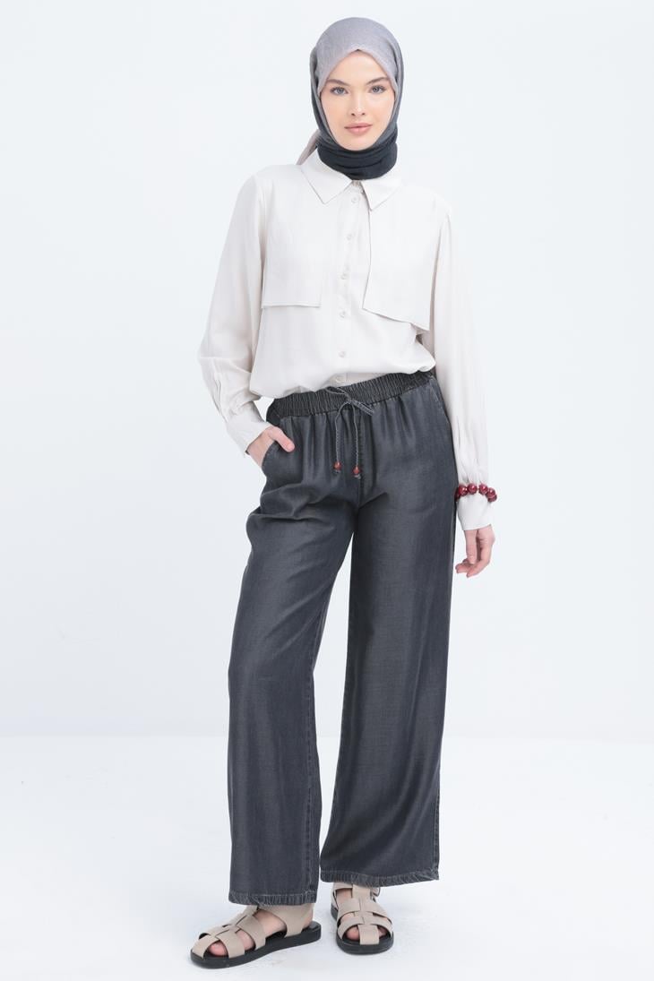 Gri-Beli Lastikli Denim Pantolon