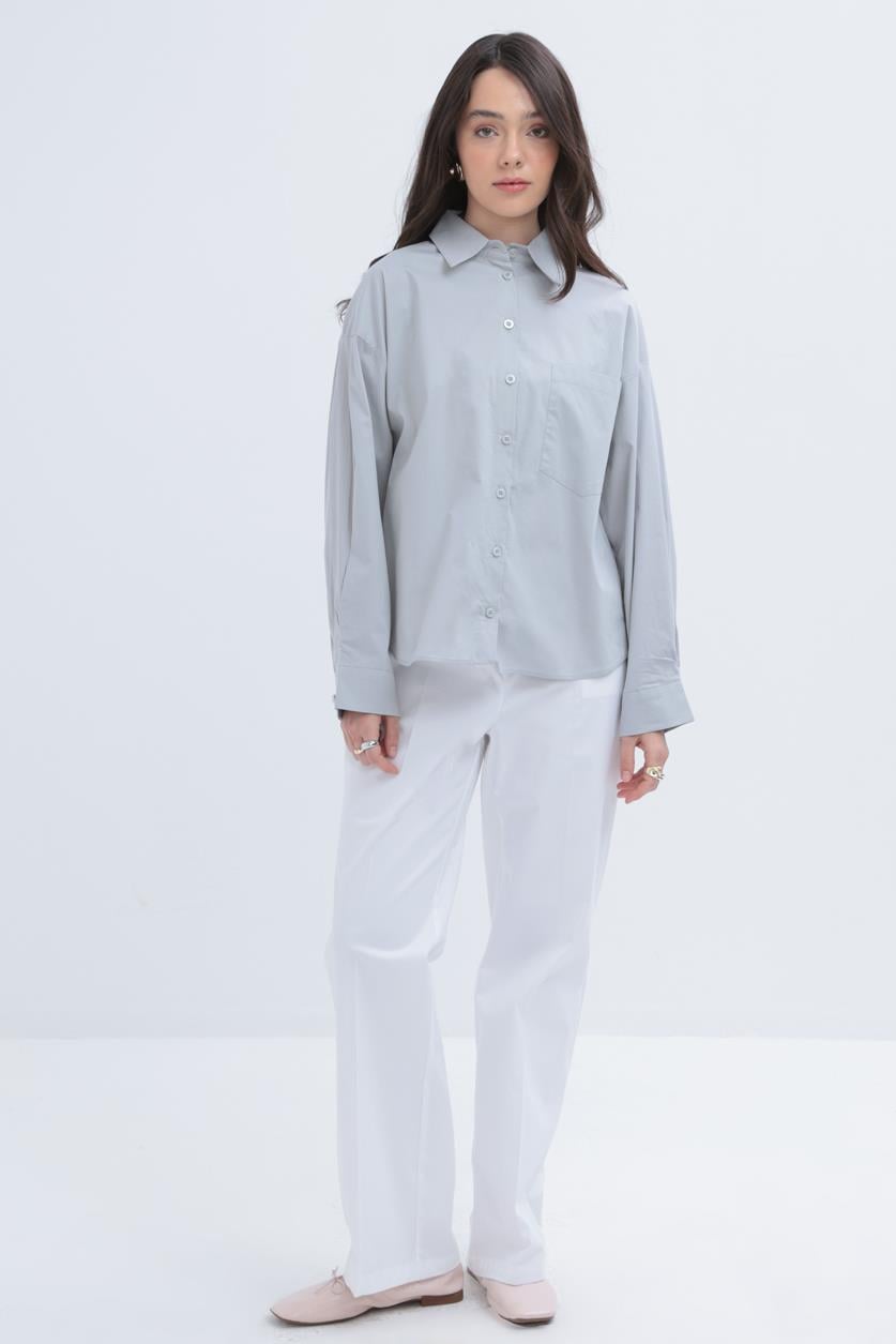 Gri-Cepli Poplin Gömlek