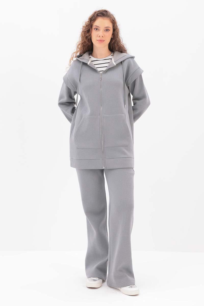 Kolu Patlı Kapüşonlu Pantolonlu Takım