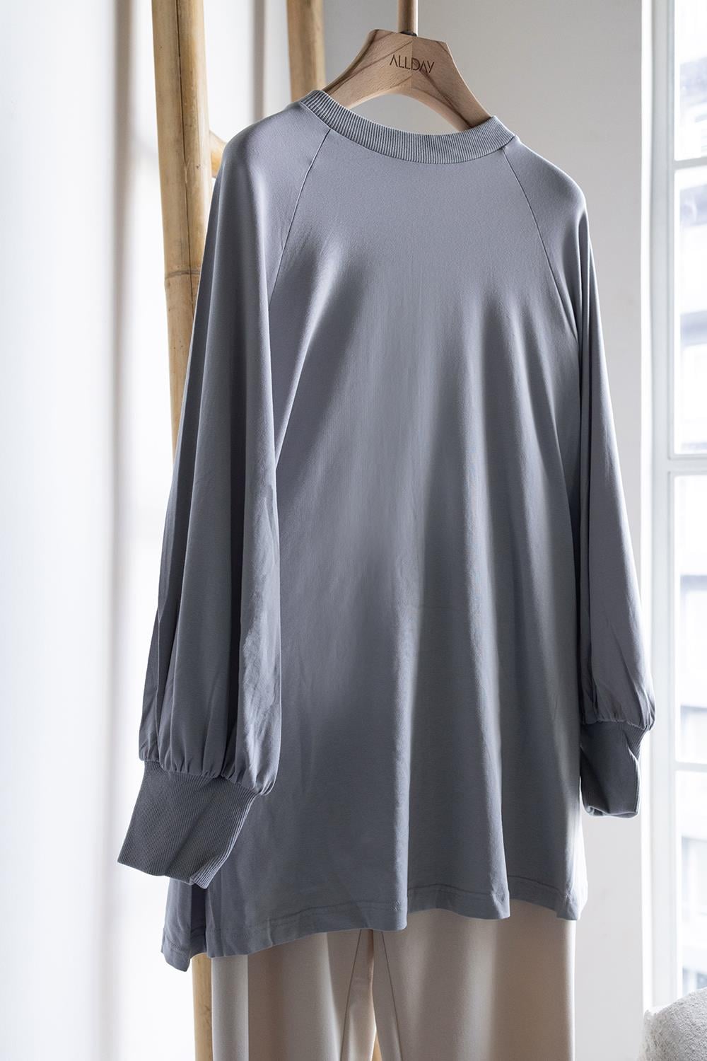 Gri-Pamuklu Bisiklet Yaka Kolları Büzgülü Uzun Kollu Likralı T-Shirt