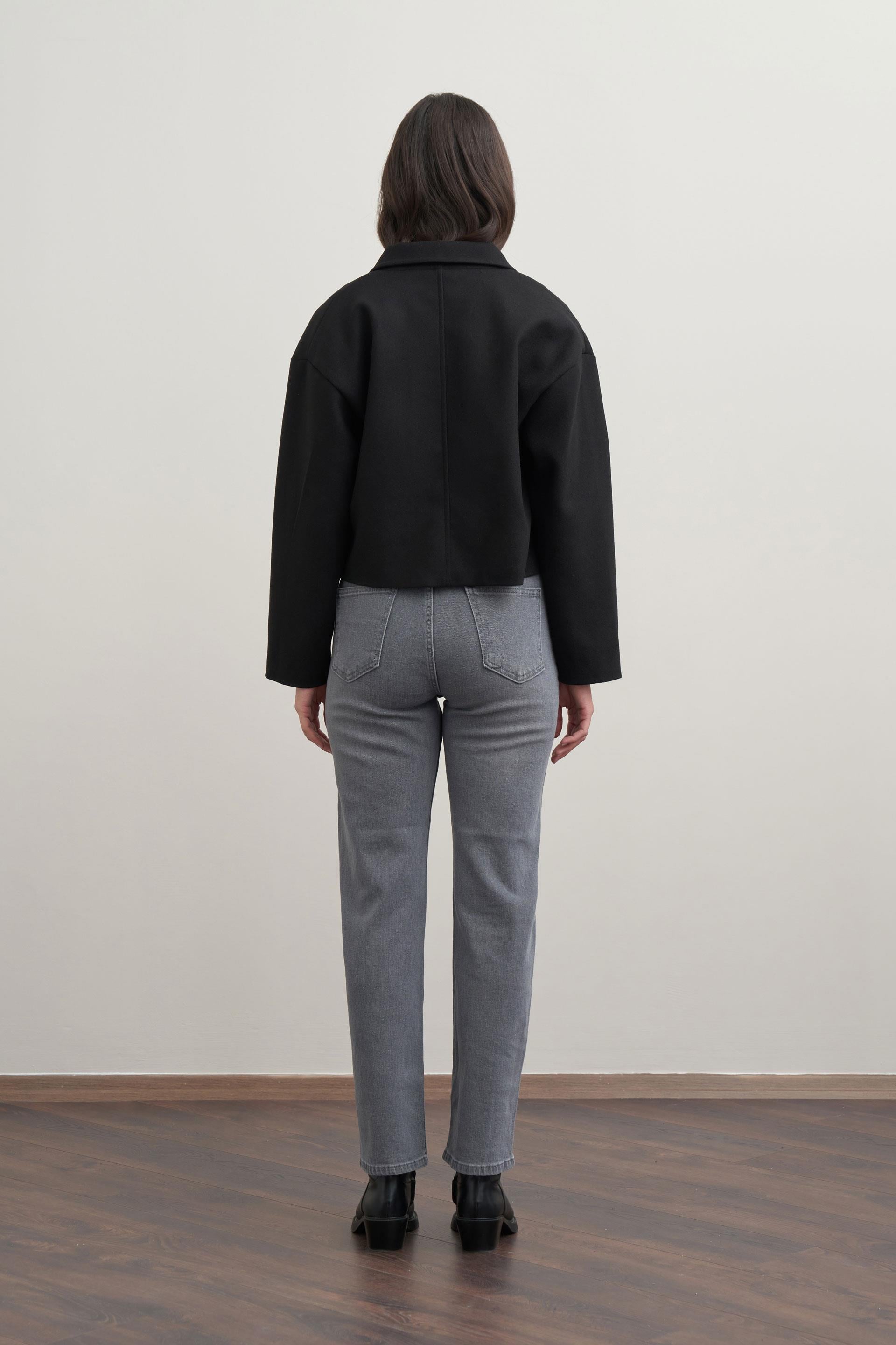 Gri-Yüksek Bel Boru Paça Kot Pantolon