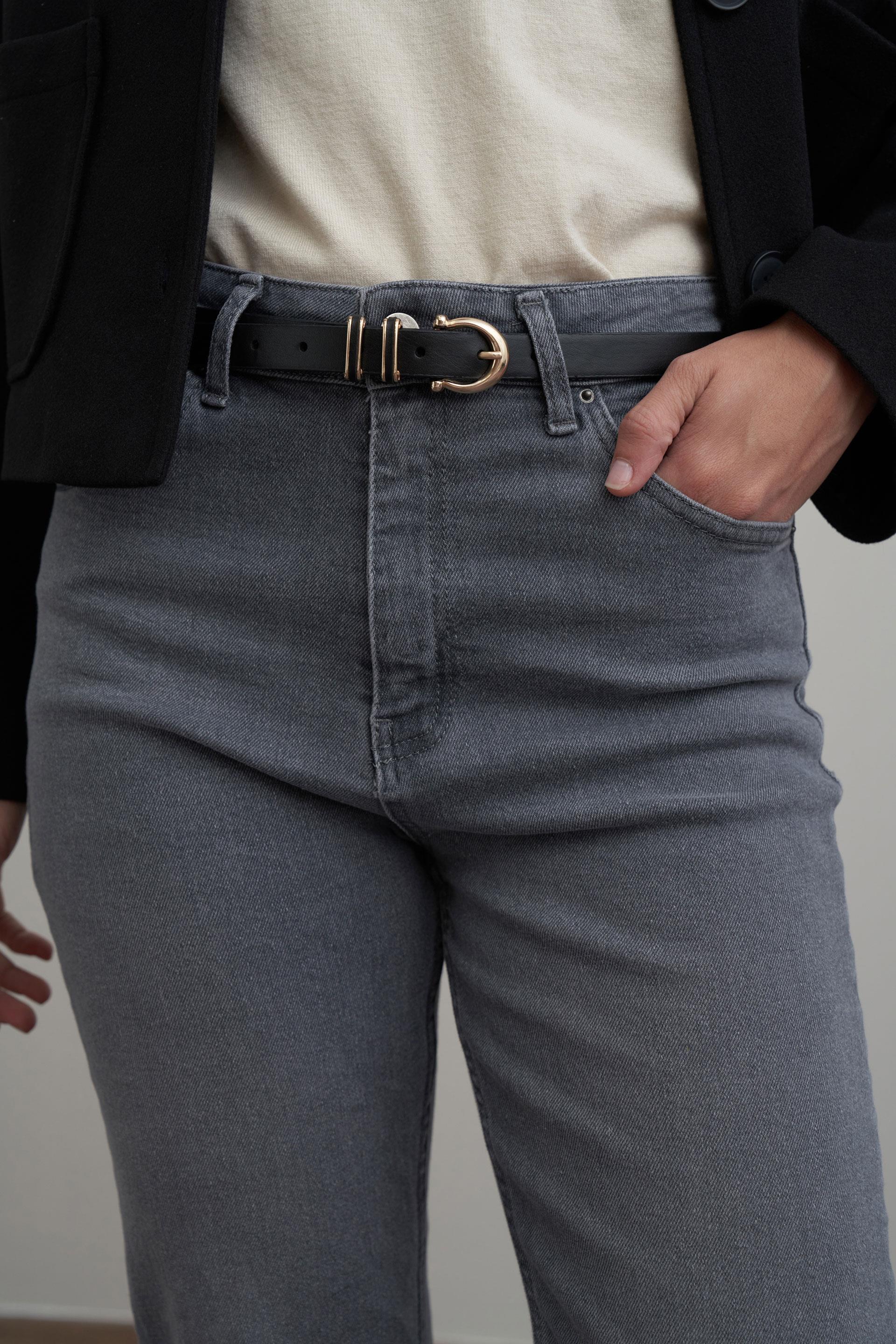 Gri-Yüksek Bel Boru Paça Kot Pantolon