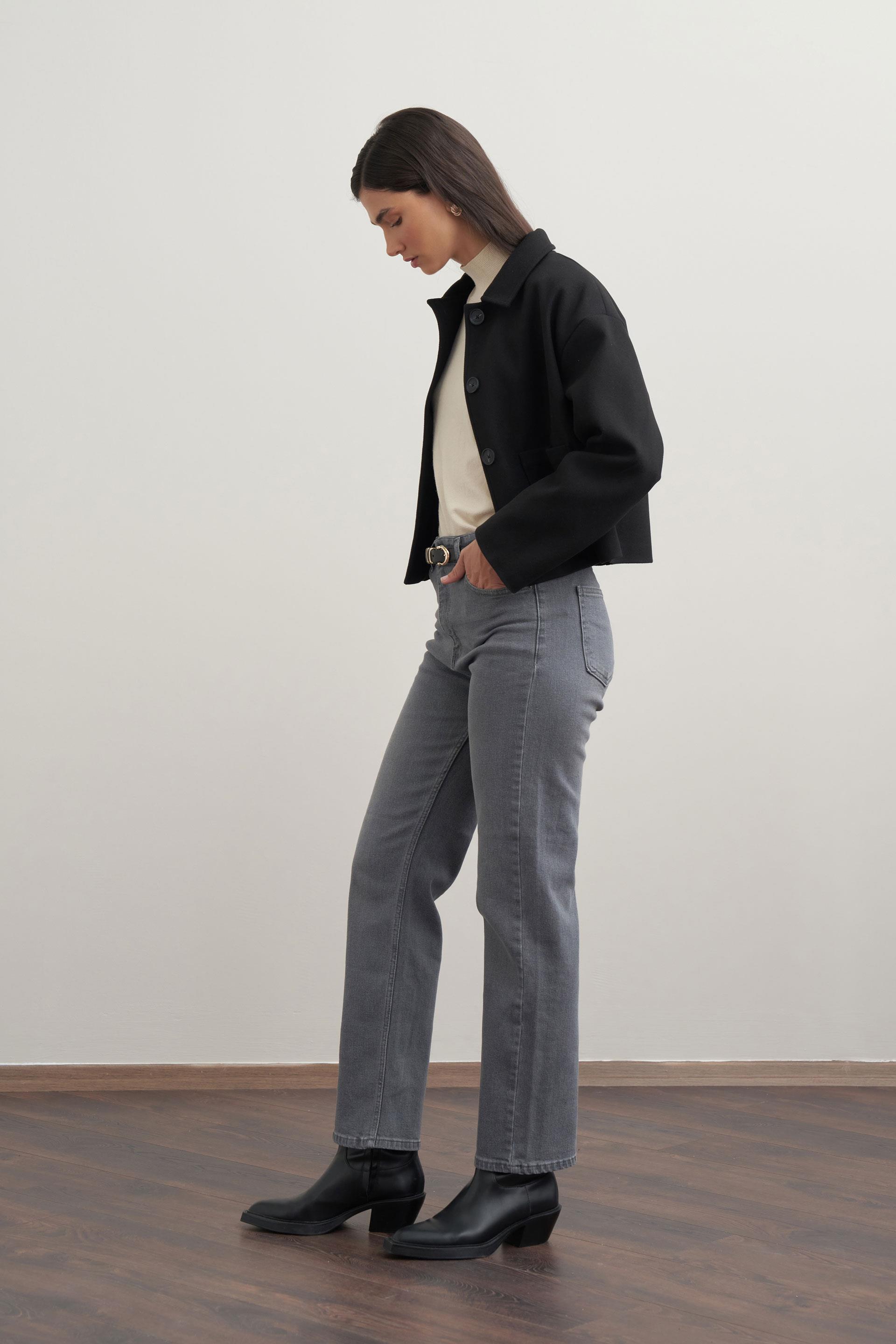 Gri-Yüksek Bel Boru Paça Kot Pantolon