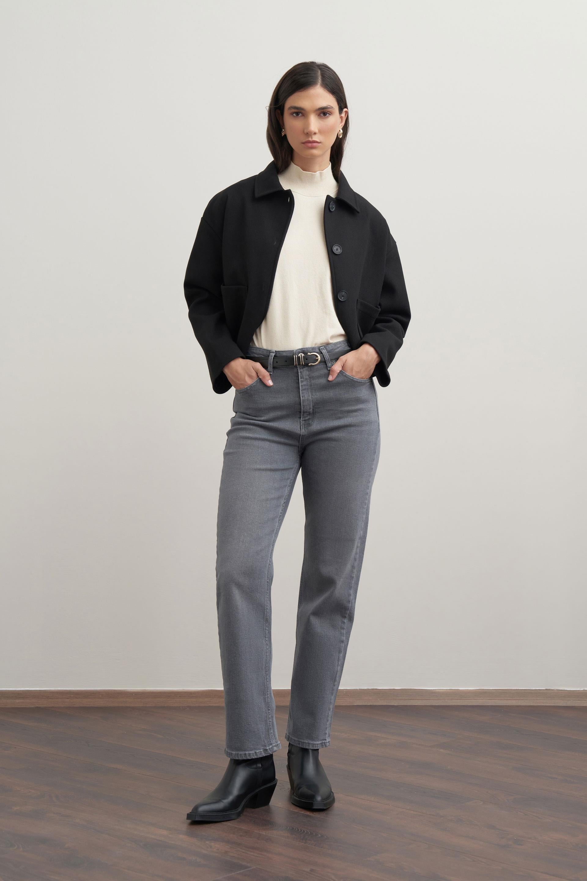 Gri-Yüksek Bel Boru Paça Kot Pantolon