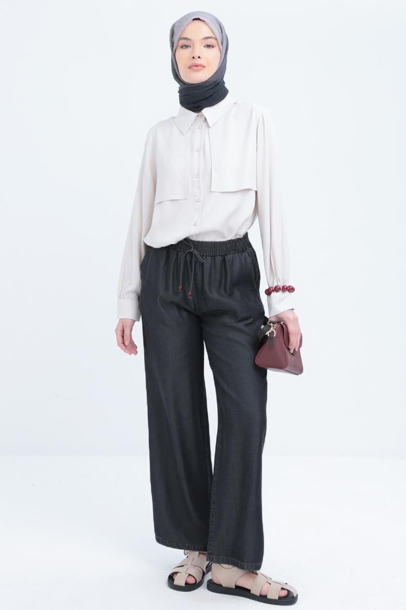 Gri01-Beli Lastikli Denim Pantolon