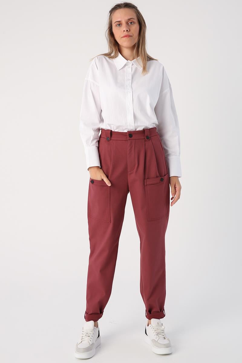 Gül Kurusu-Pamuklu Apolet Detaylı Çıtçıtlı Kargo Pantolon