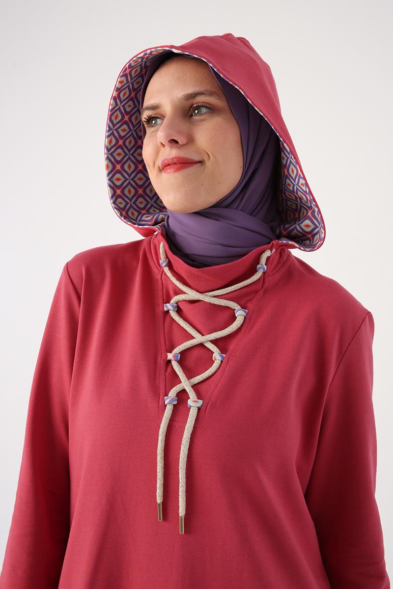 Bağlama Detaylı Kapüşonlu Uzun Tunik