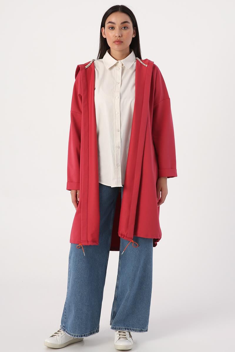 Gül01-Kapüşonlu Şerit Detaylı Salaş Hırka