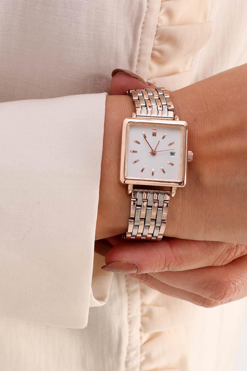 Gümüş-Rose-Kare Kadranlı Minimal Kol Saati