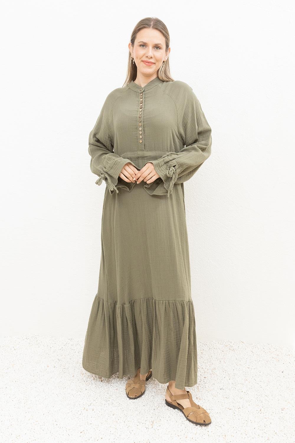 Haki-Beli Bağlamalı Biritli Elbise