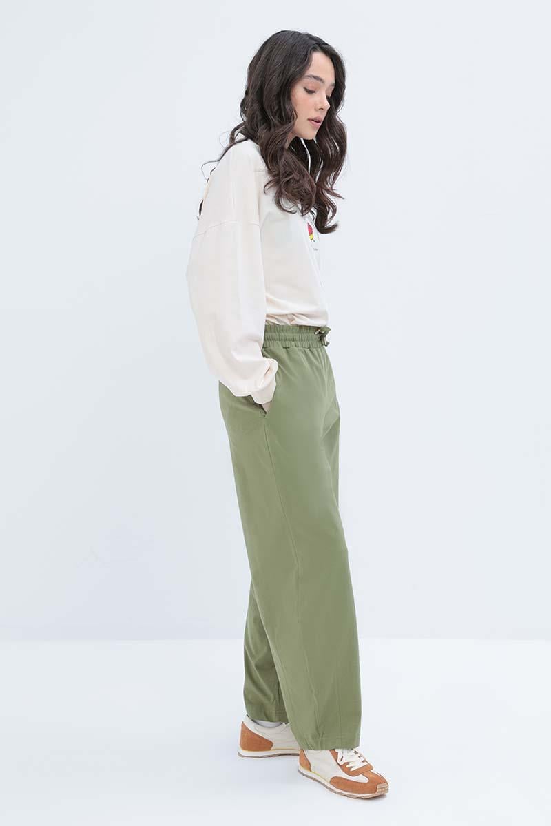 Haki-Beli Lastikli Slouchy Pantolon