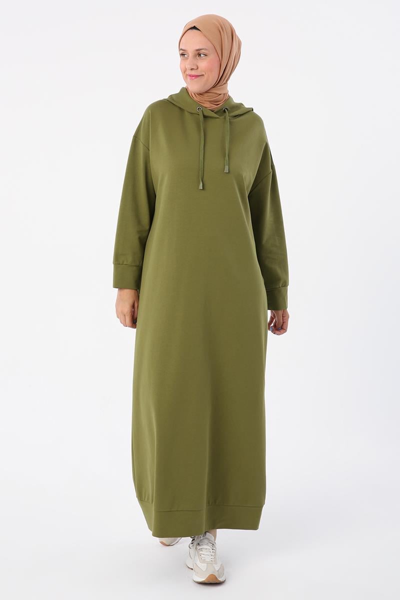 Haki-Kapüşonlu Likralı Örme Elbise
