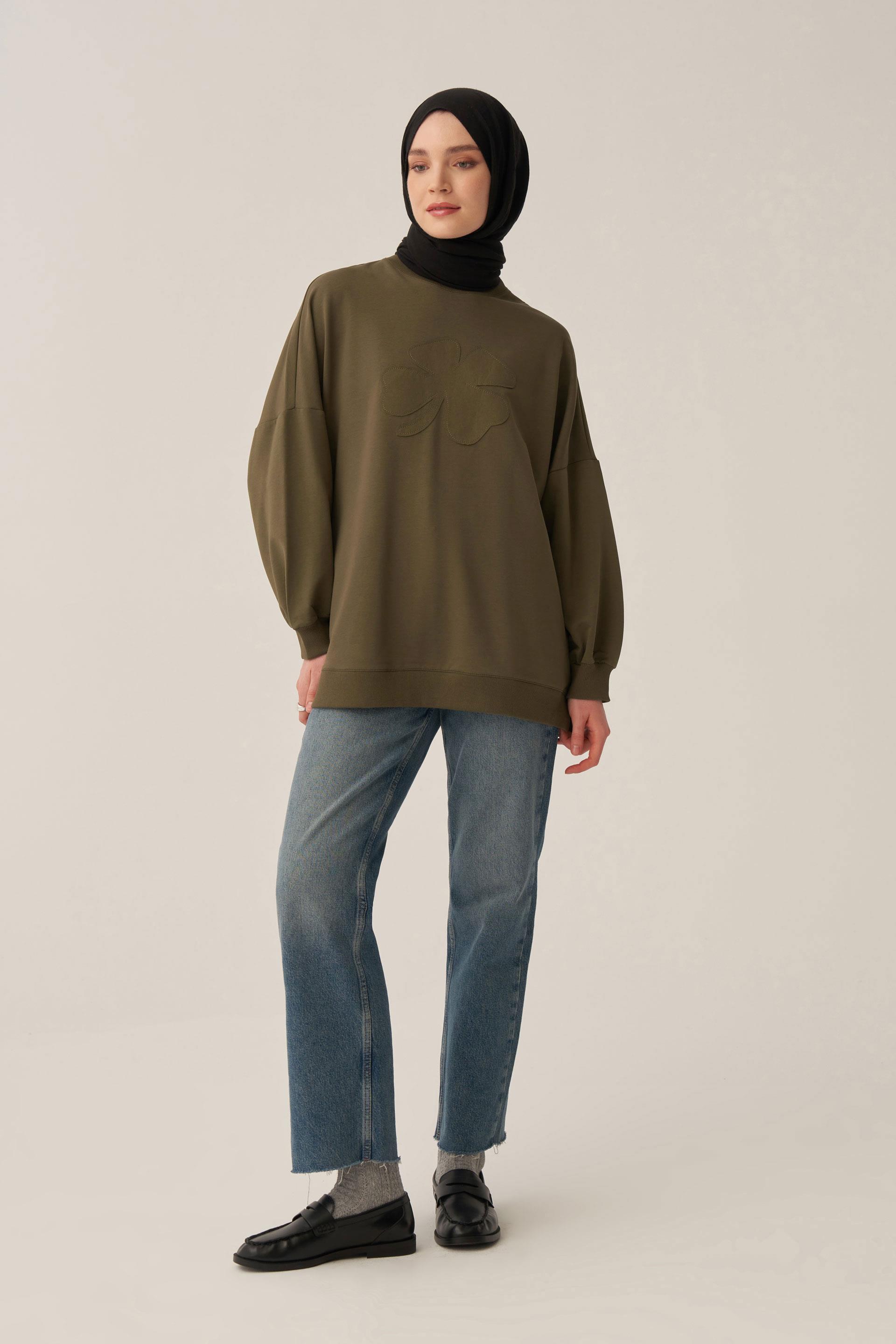 Haki-Pamuklu Aplikeli Sweatsirt