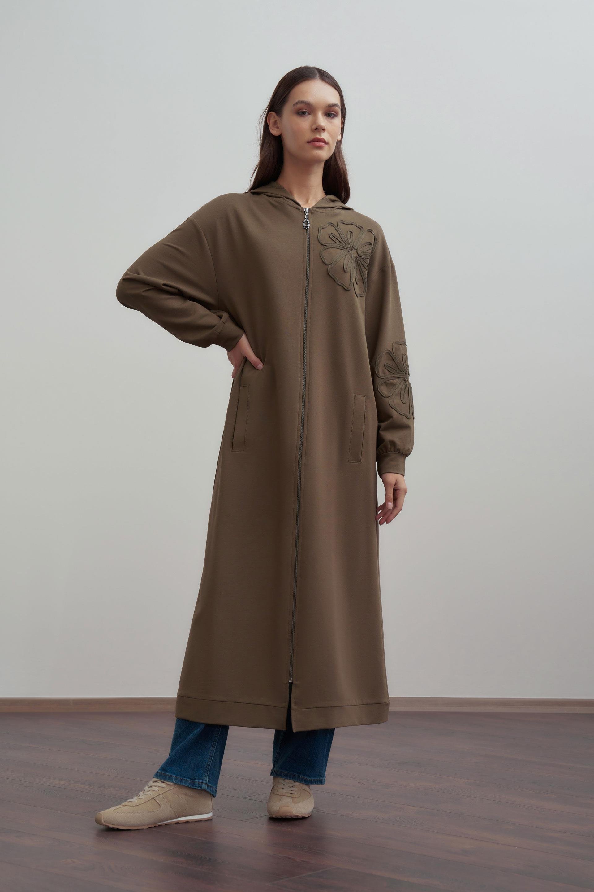 Haki-Pamuklu Nakışlı Fermuarlı Sweat Hırka