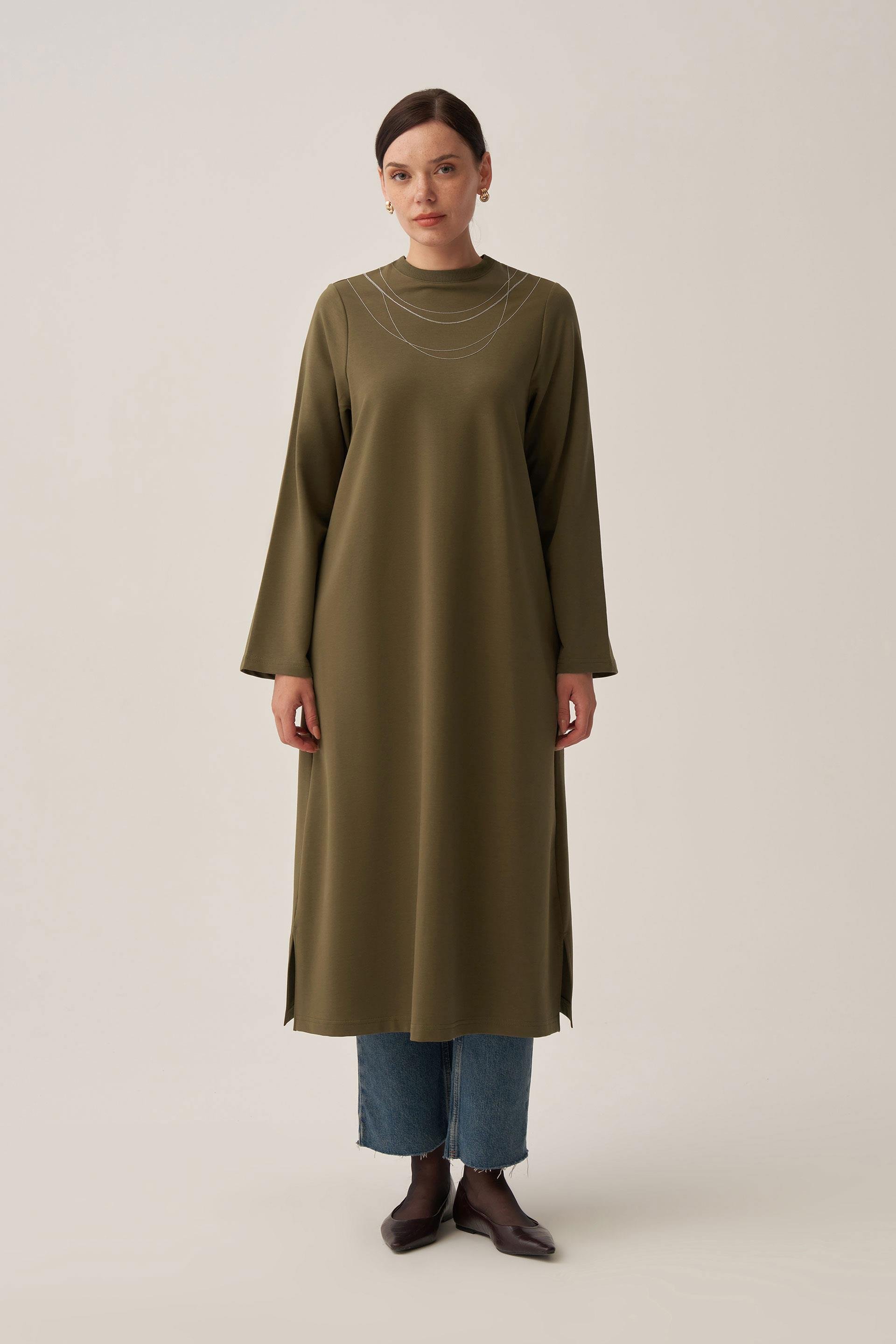 Haki-Pamuklu Zincir İşlemeli Tunik