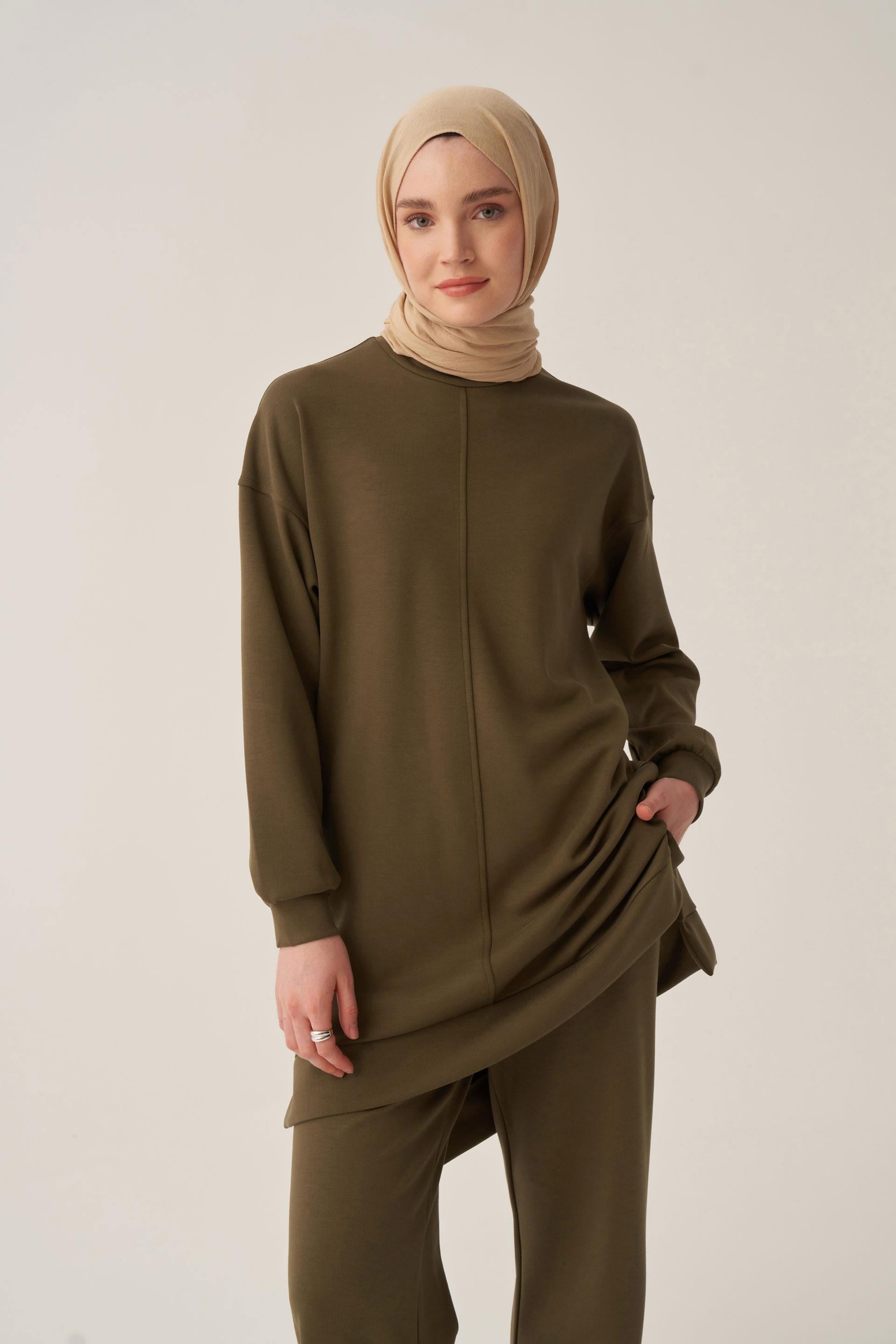 Haki-Yumuşak Dokulu Bisiklet Yaka Sweat