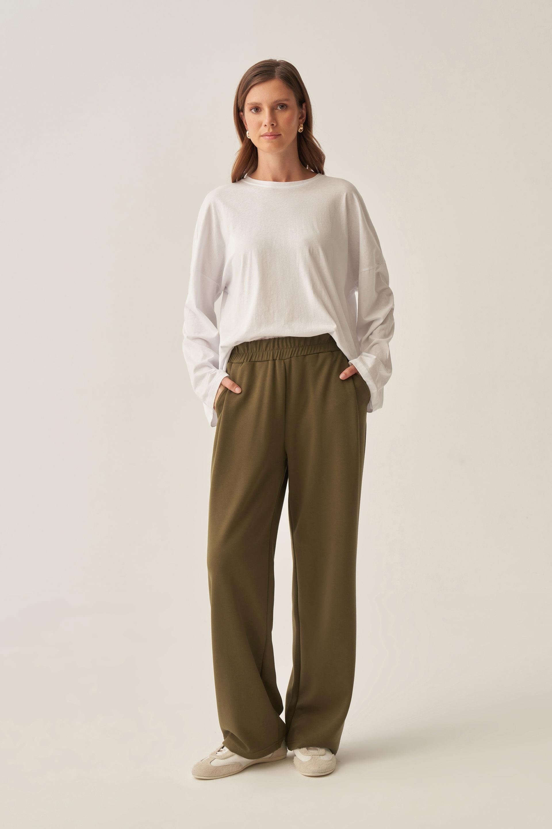 Haki-Yumuşak Dokulu Bol Paça  Eşofman Altı