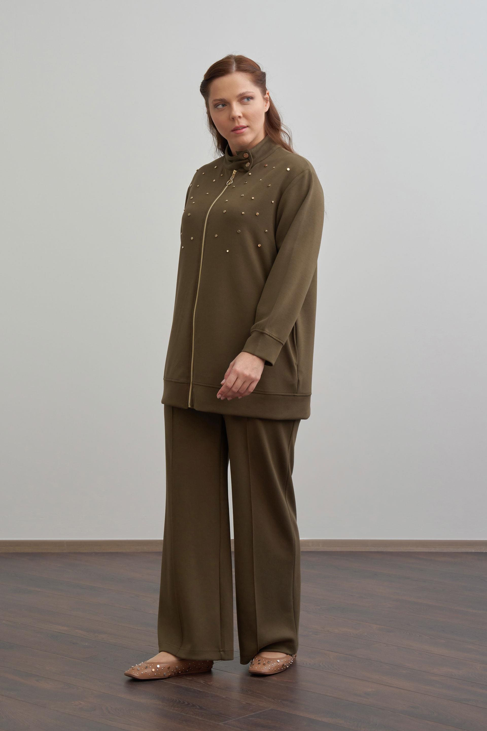 Haki-Yumuşak Dokulu Büyük Beden Droplu Eşofman Takımı