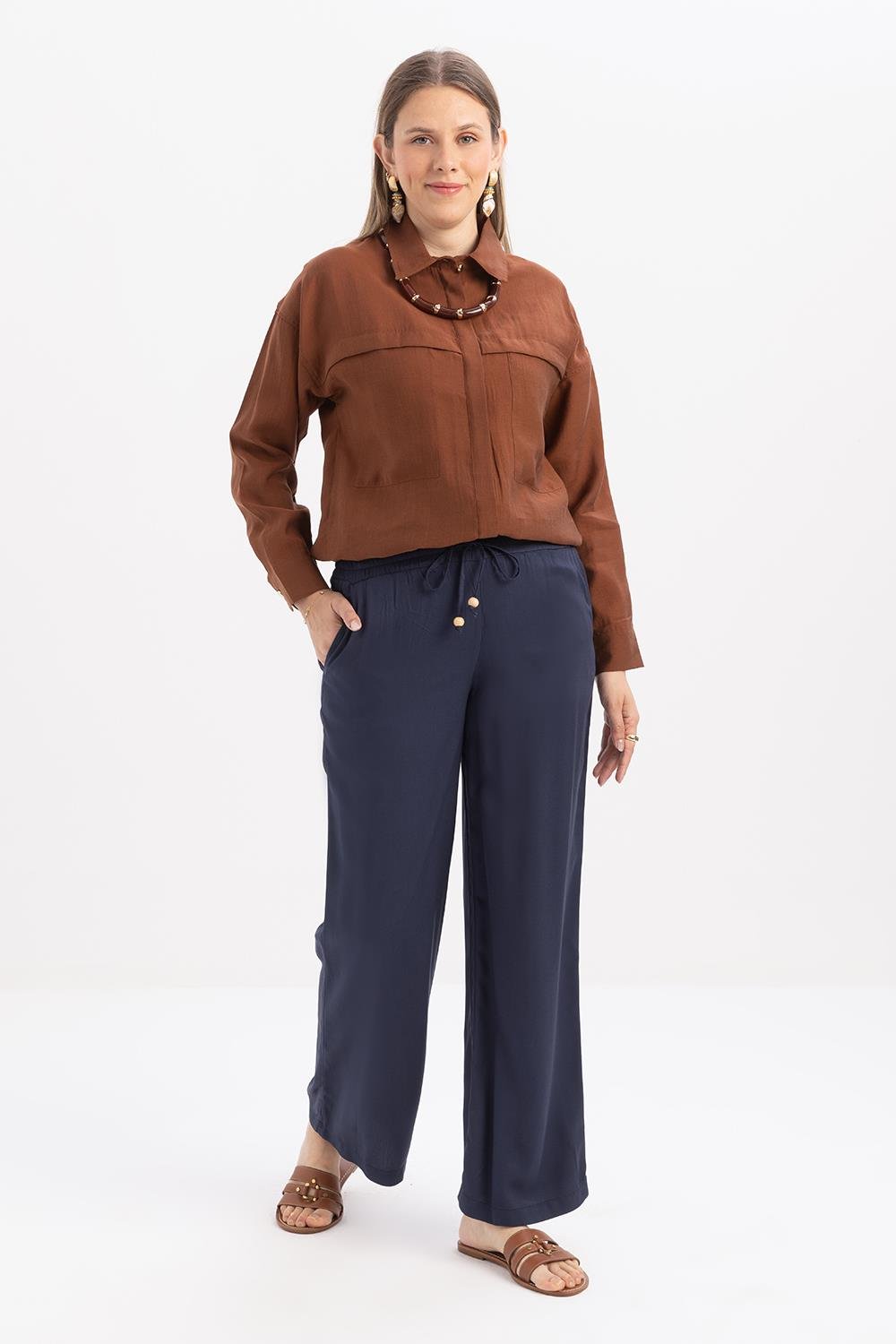 İndigo-Beli Lastikli Denim Pantolon