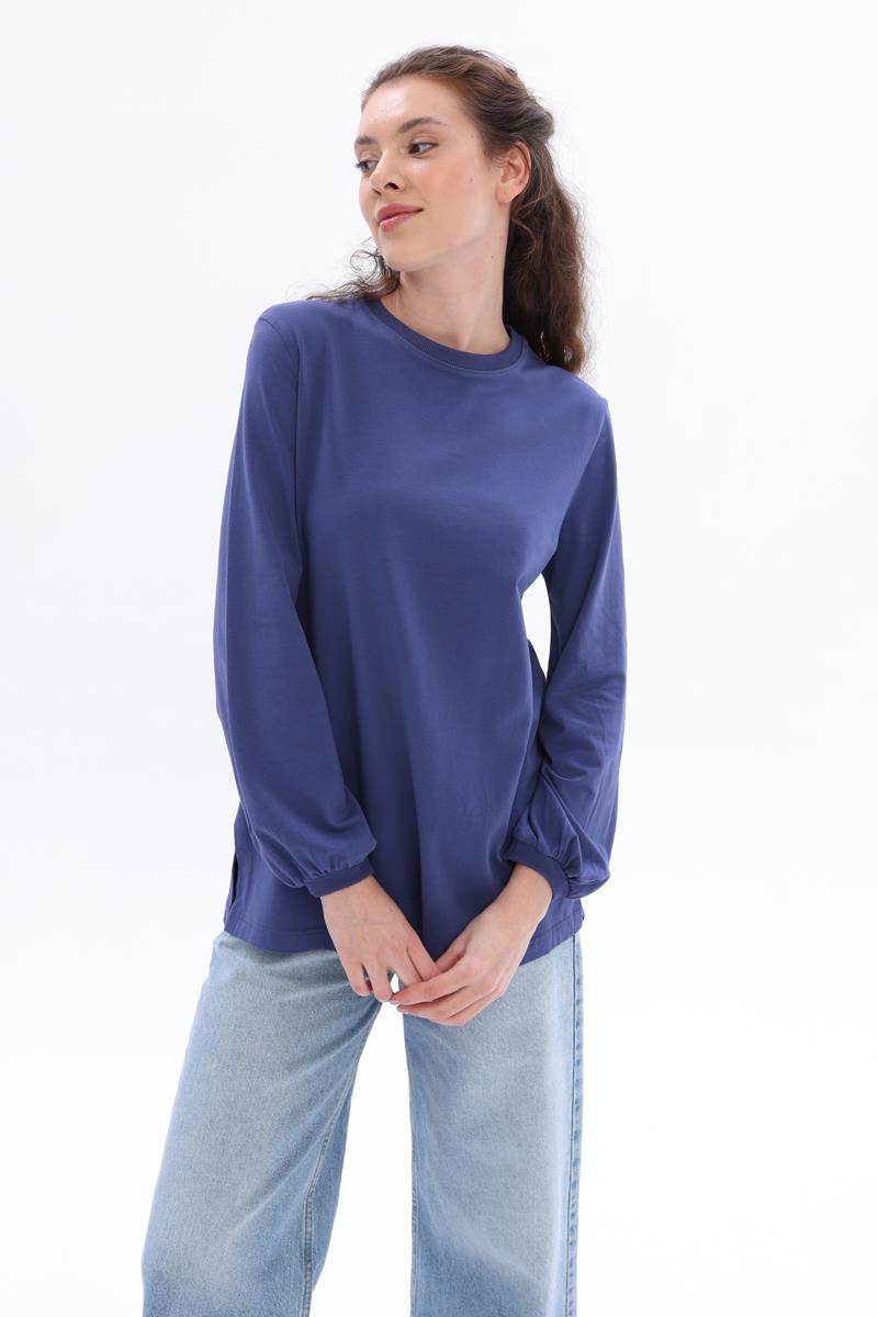 Crew Neck Sleeve End Pleated Cotton Blouse