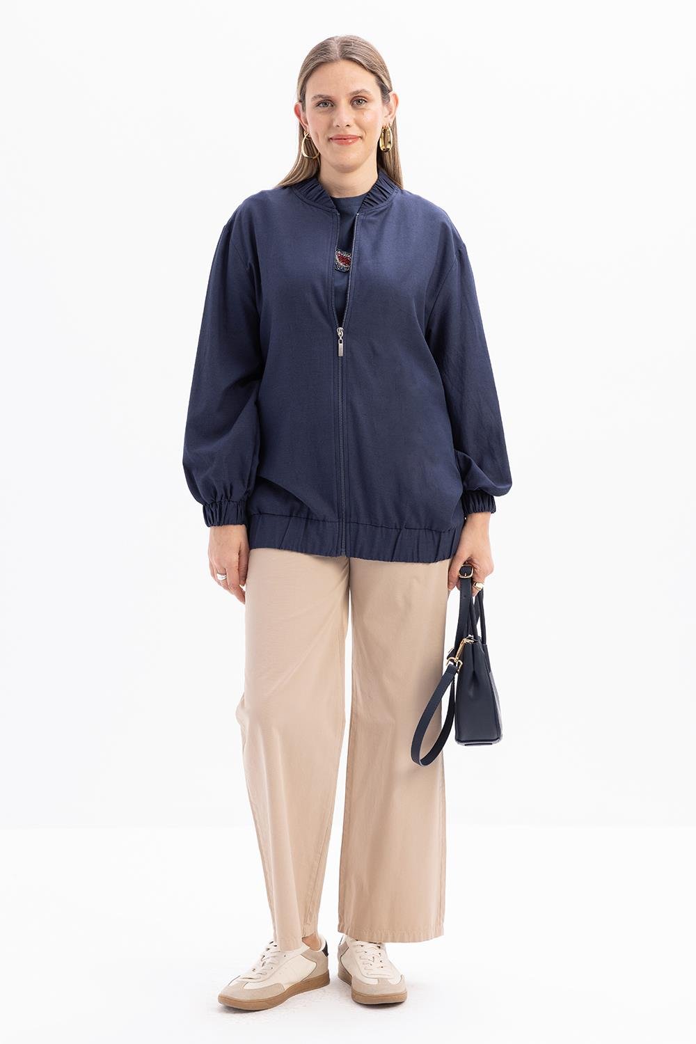 İndigo-Fermuarlı Ceket