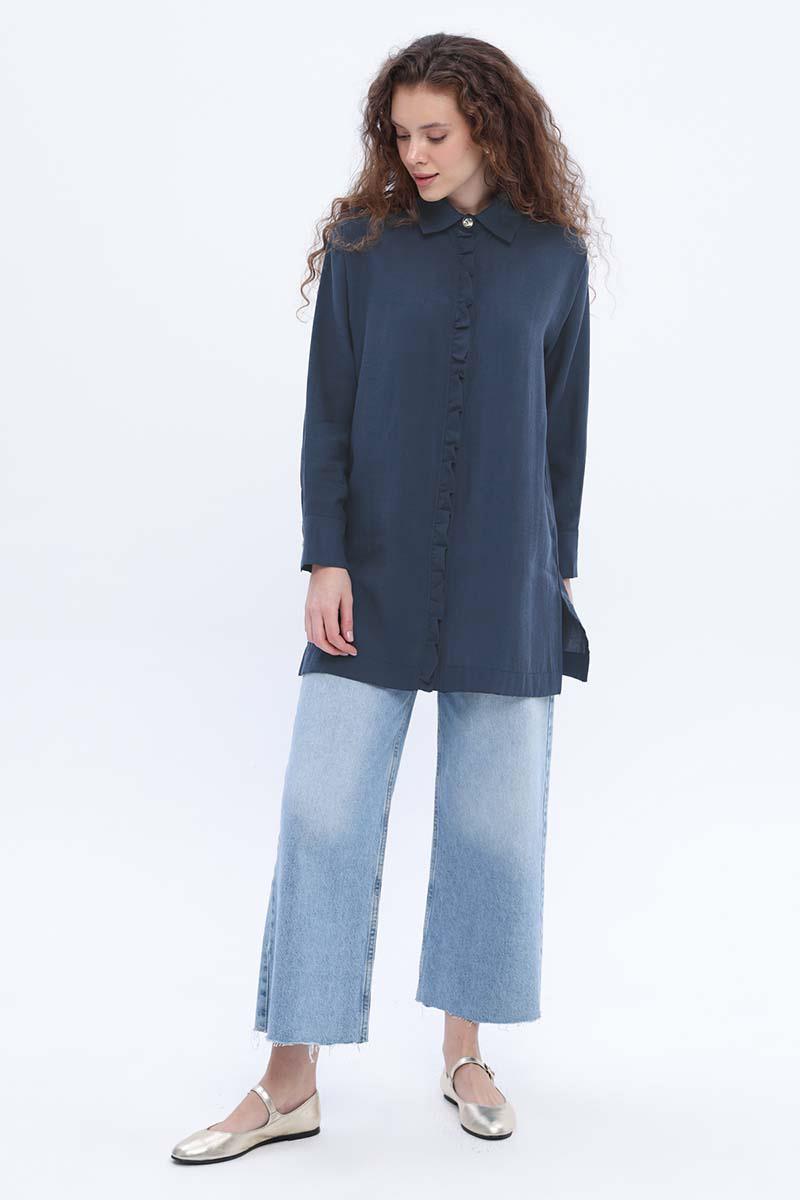 İndigo-Fırfırlı Gömlek Tunik