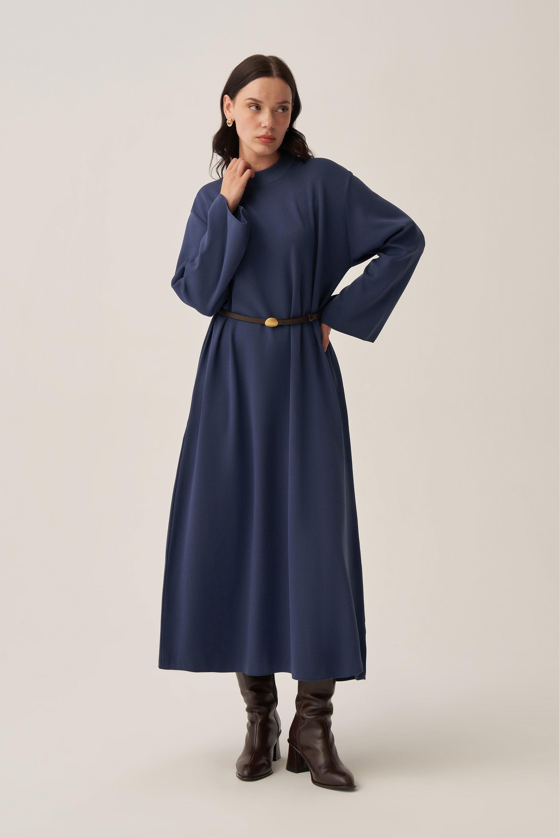 İndigo-Geniş Manşetli Triko Elbise