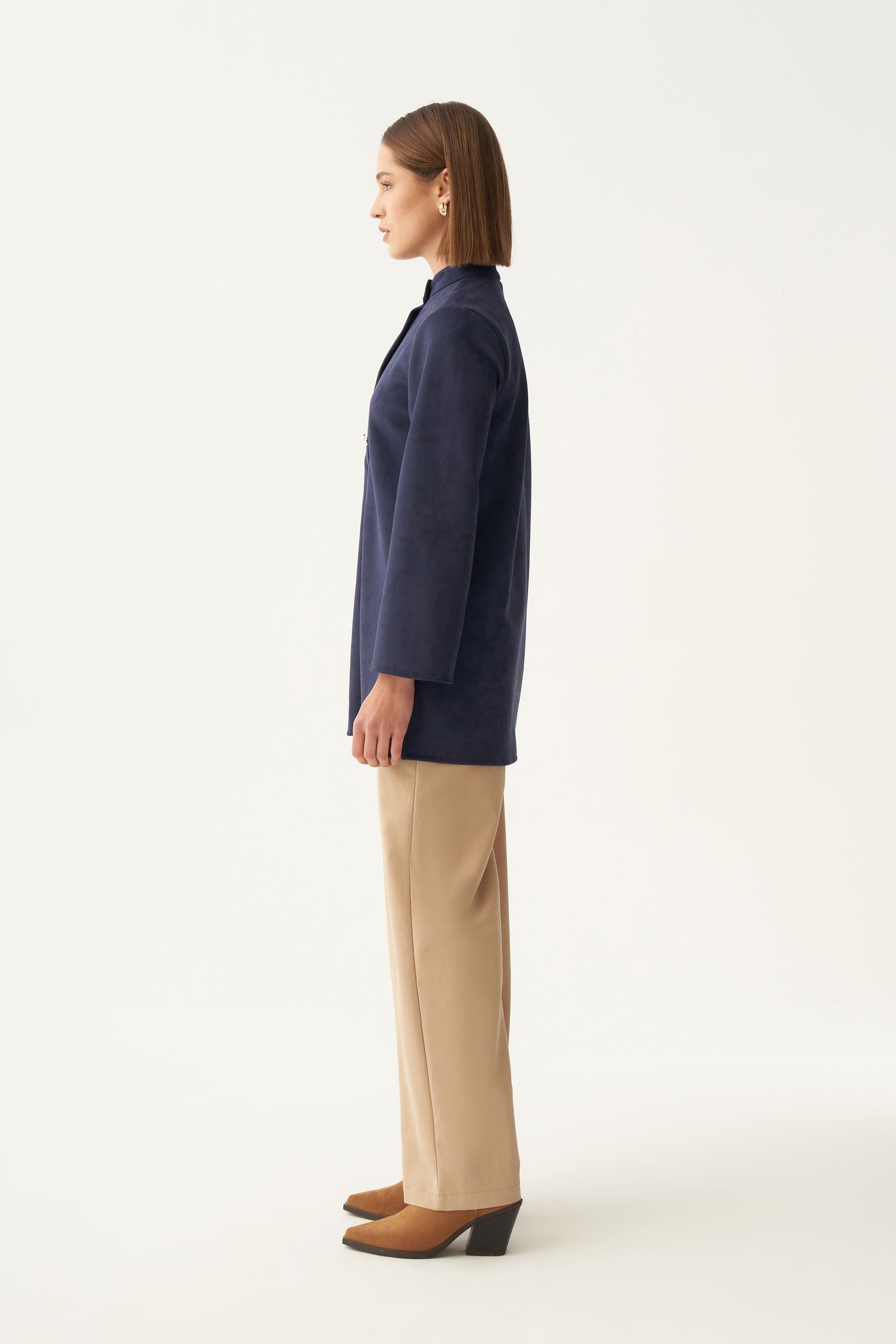 İndigo-Gold Düğmeli Scuba Süet Tunik