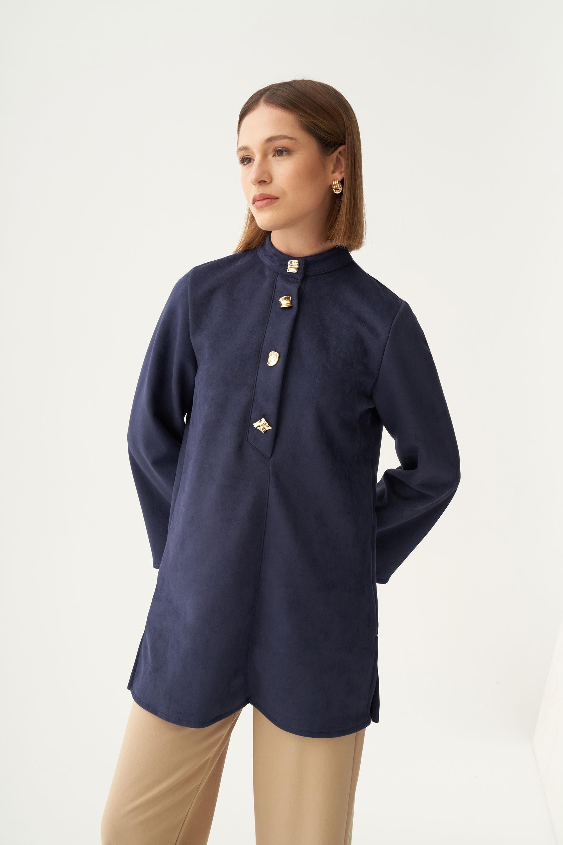 İndigo-Gold Düğmeli Scuba Süet Tunik