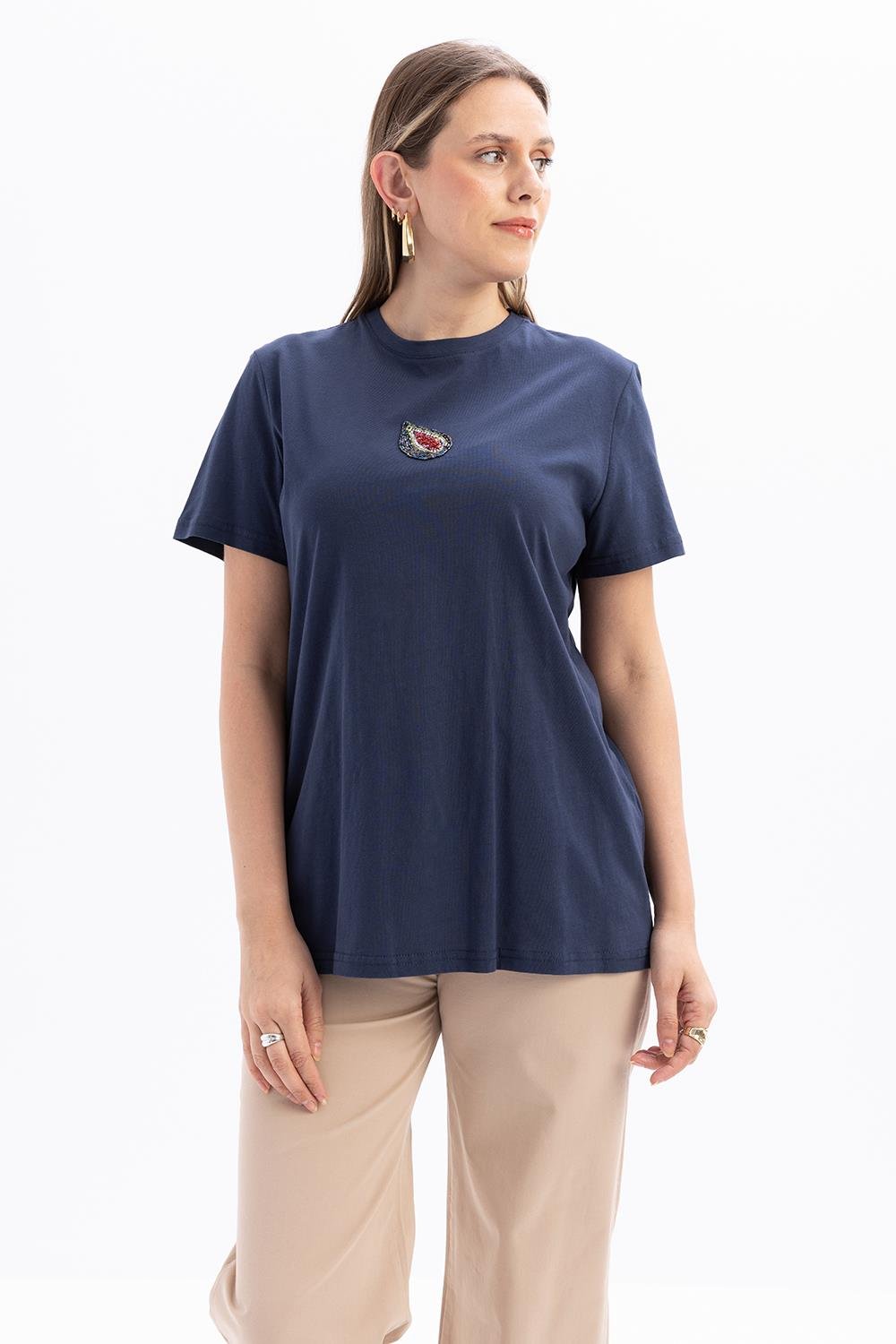 İndigo-Kısa Kollu Nakış Detaylı Süprem Tshirt
