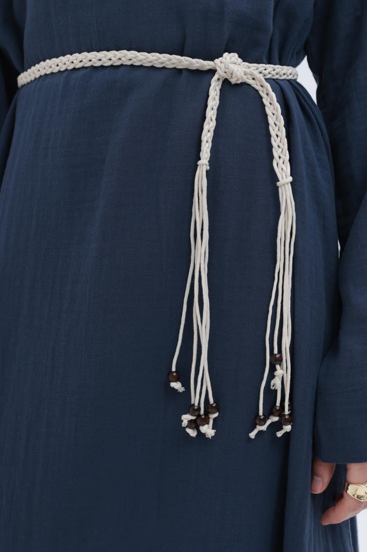 İndigo-Kuşaklı Basic Müslin Elbise