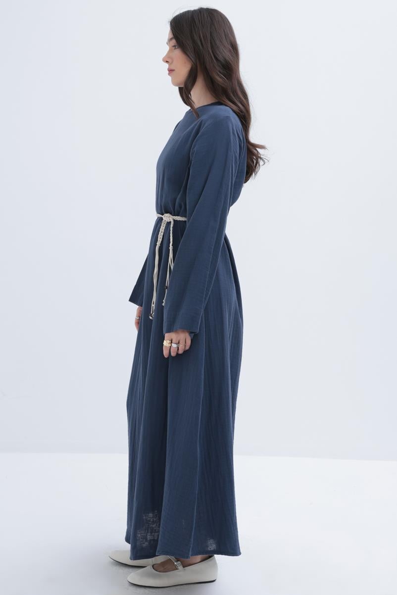 İndigo-Kuşaklı Basic Müslin Elbise