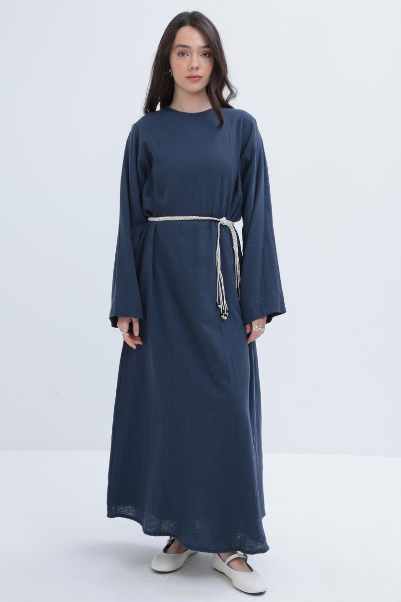 İndigo-Kuşaklı Basic Müslin Elbise