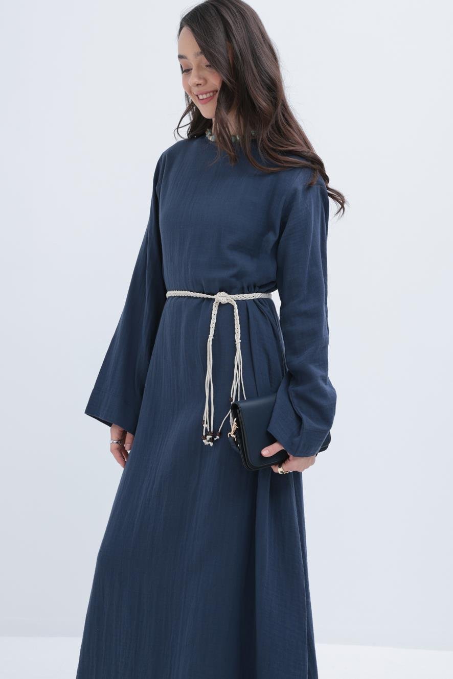 İndigo-Kuşaklı Basic Müslin Elbise