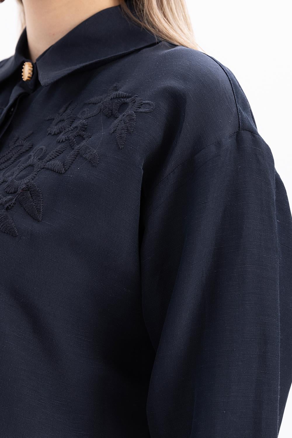 İndigo-Nakışlı Keten Gömlek