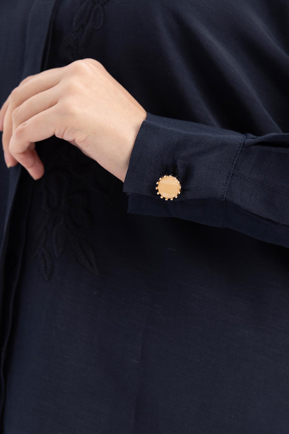 İndigo-Nakışlı Keten Gömlek