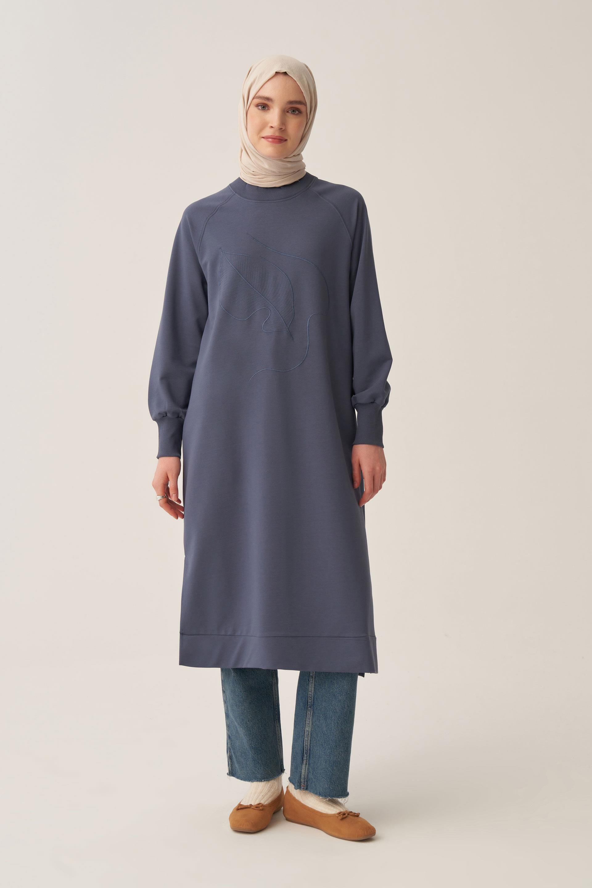 İndigo-Nakışlı Uzun Tunik