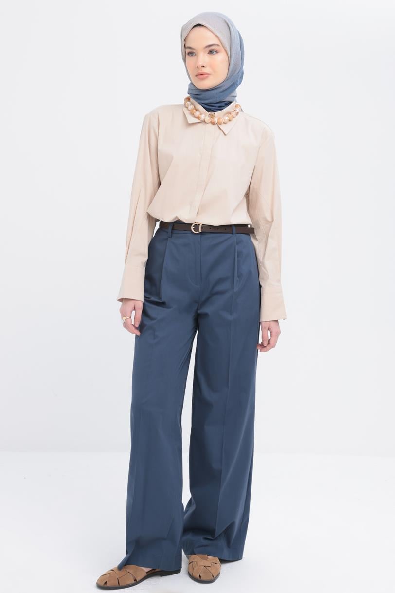 İndigo-Pileli Geniş Paça Pantolon