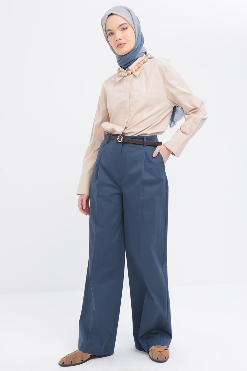 İndigo-Pileli Geniş Paça Pantolon