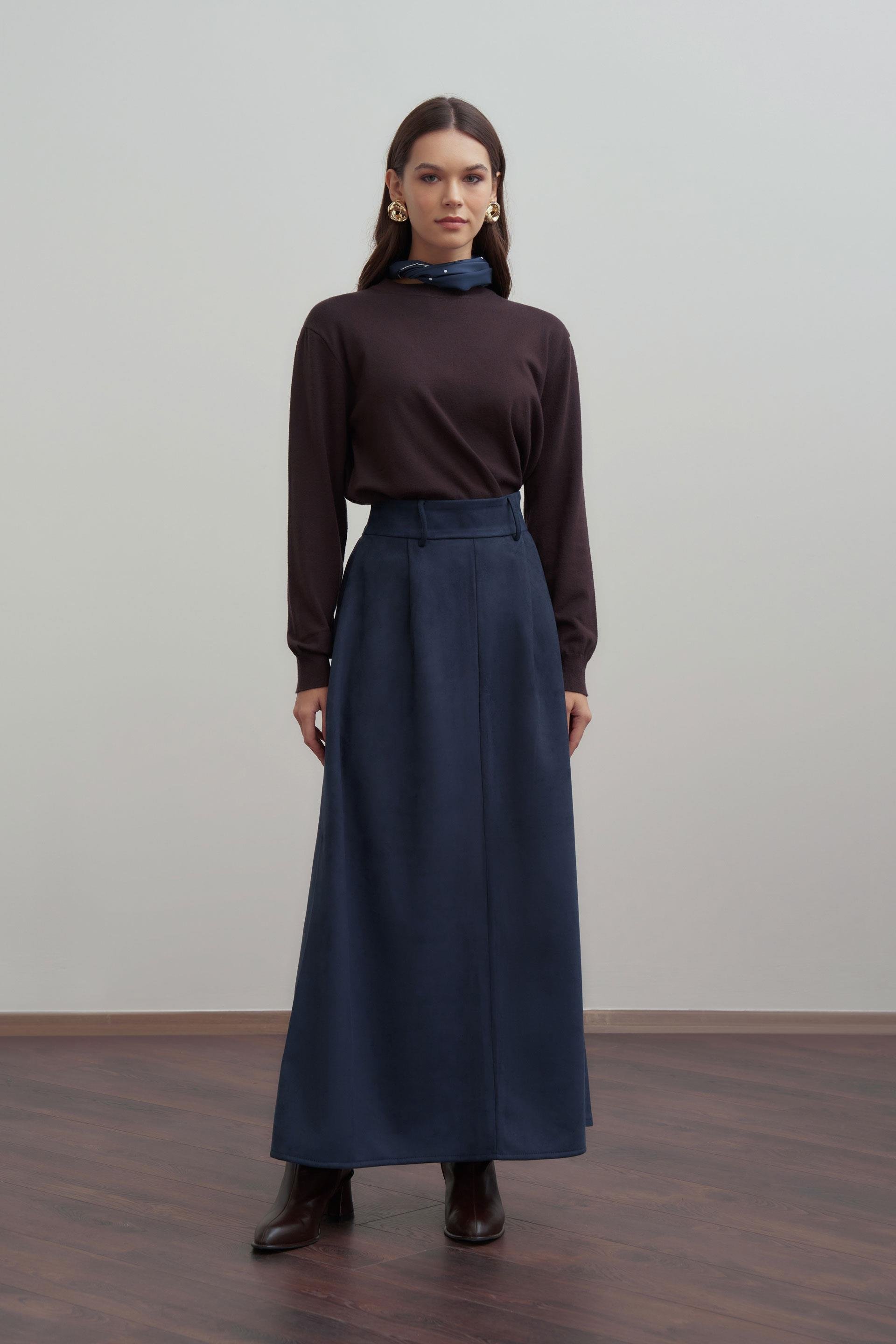 İndigo-Pili Detaylı Scuba Süet Etek