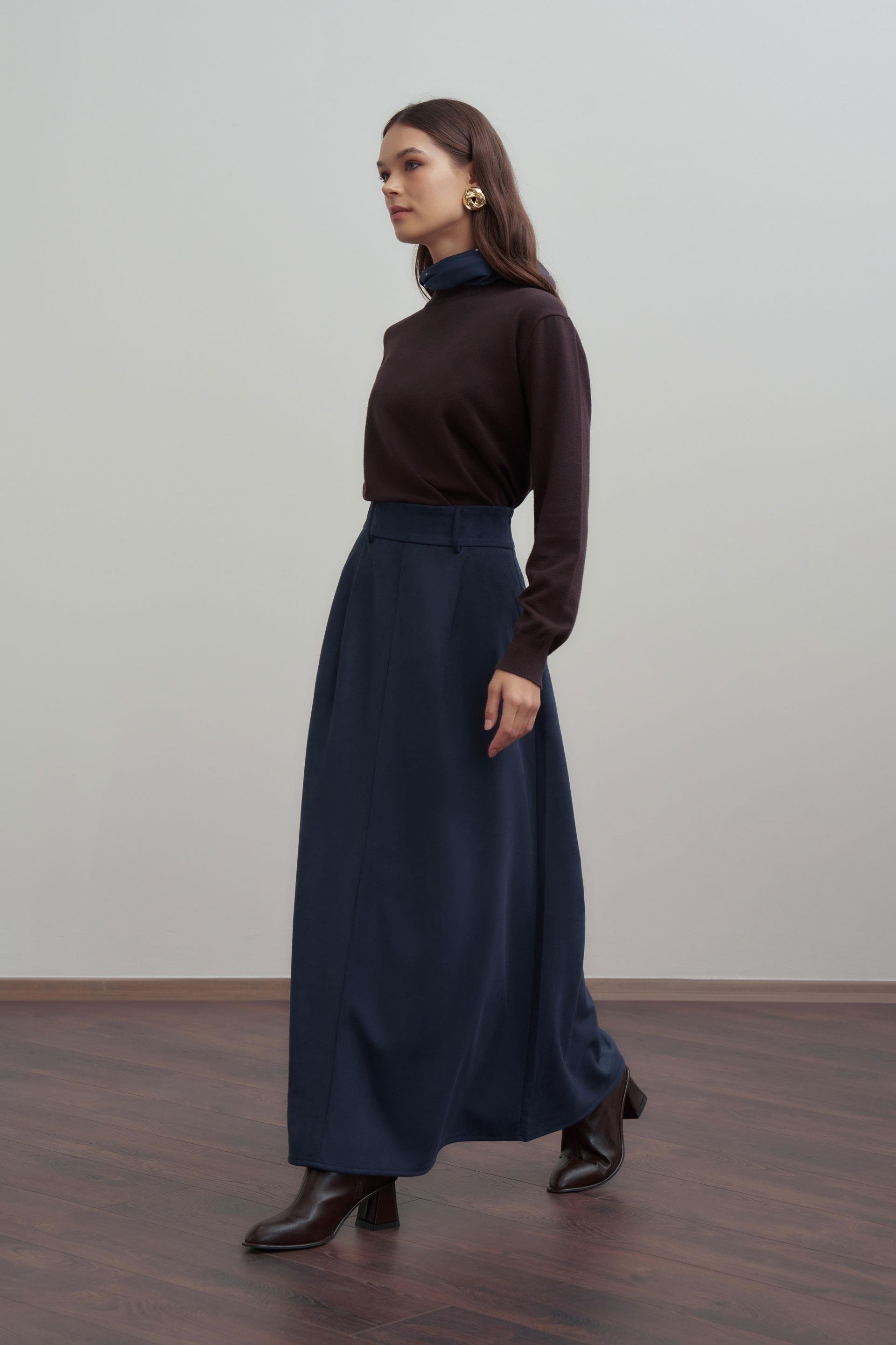 İndigo-Pili Detaylı Scuba Süet Etek