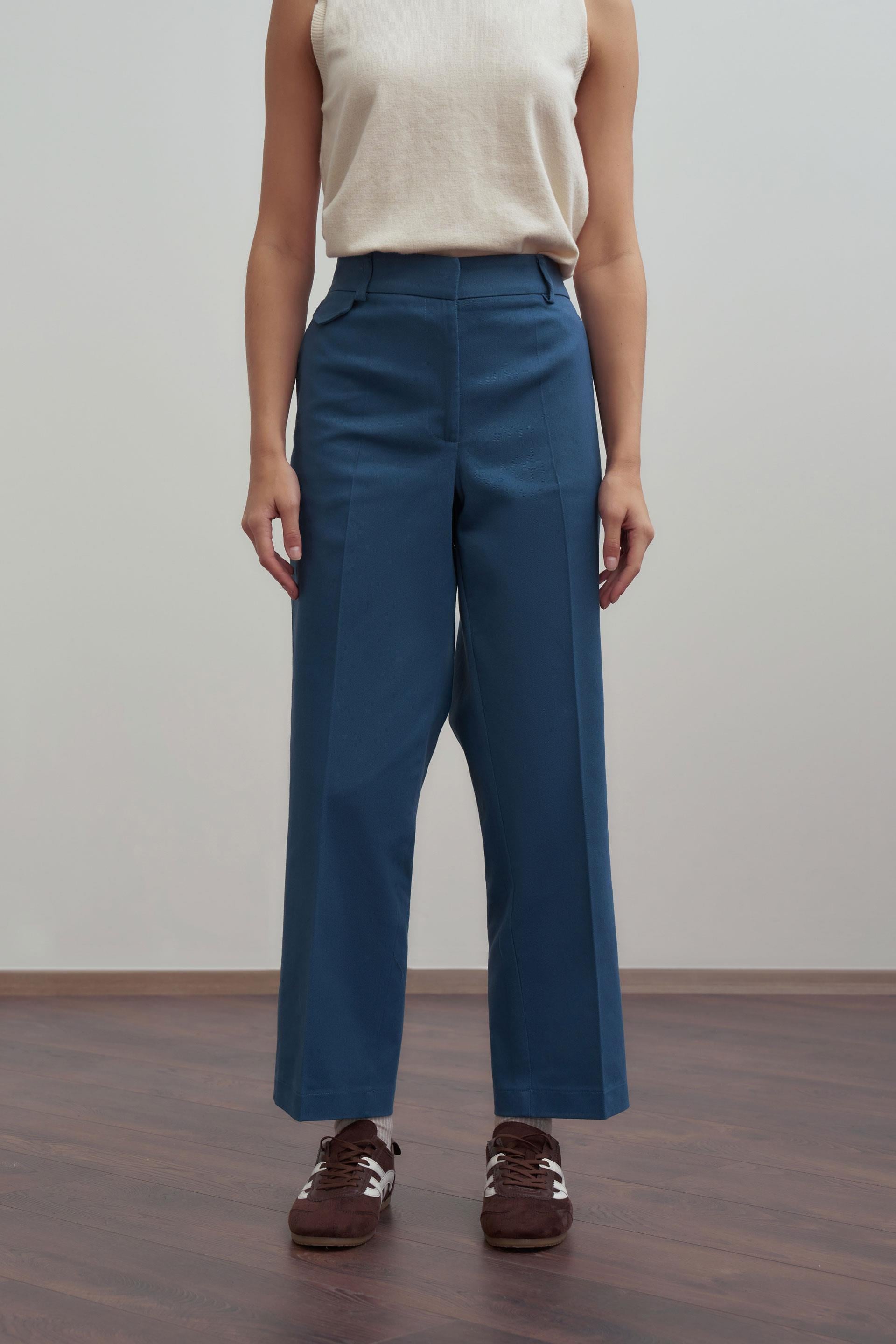 İndigo-Süs Cep Kapaklı Pensli Havuç Pantolon