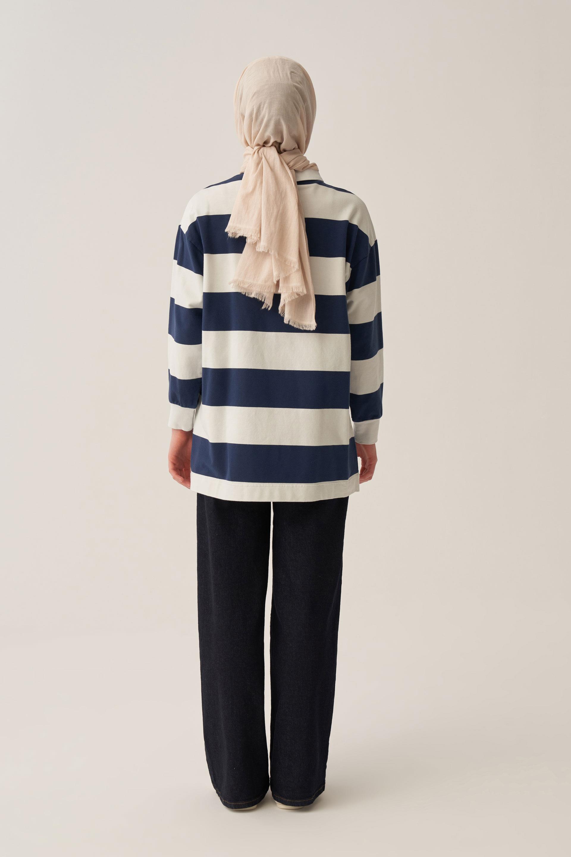 İndigo-Taş-GÖMLEK GARNİLİ ÇİZGİLİ SWEAT TUNİK