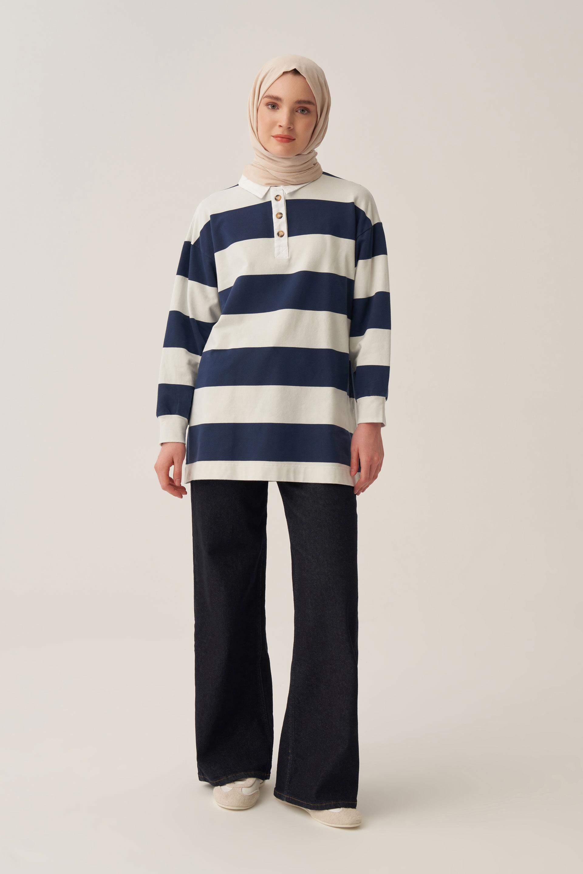 İndigo-Taş-GÖMLEK GARNİLİ ÇİZGİLİ SWEAT TUNİK