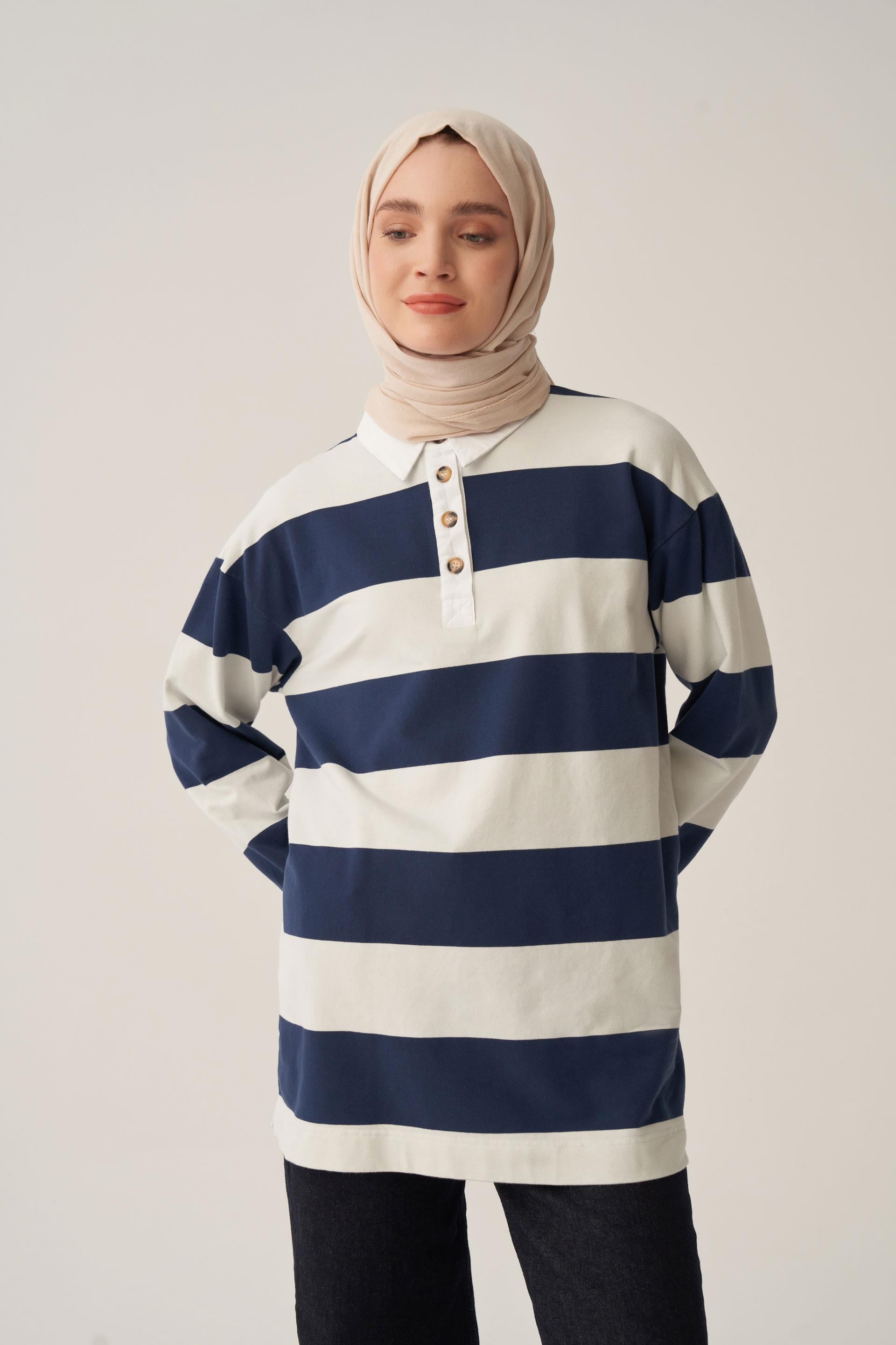 İndigo-Taş-GÖMLEK GARNİLİ ÇİZGİLİ SWEAT TUNİK