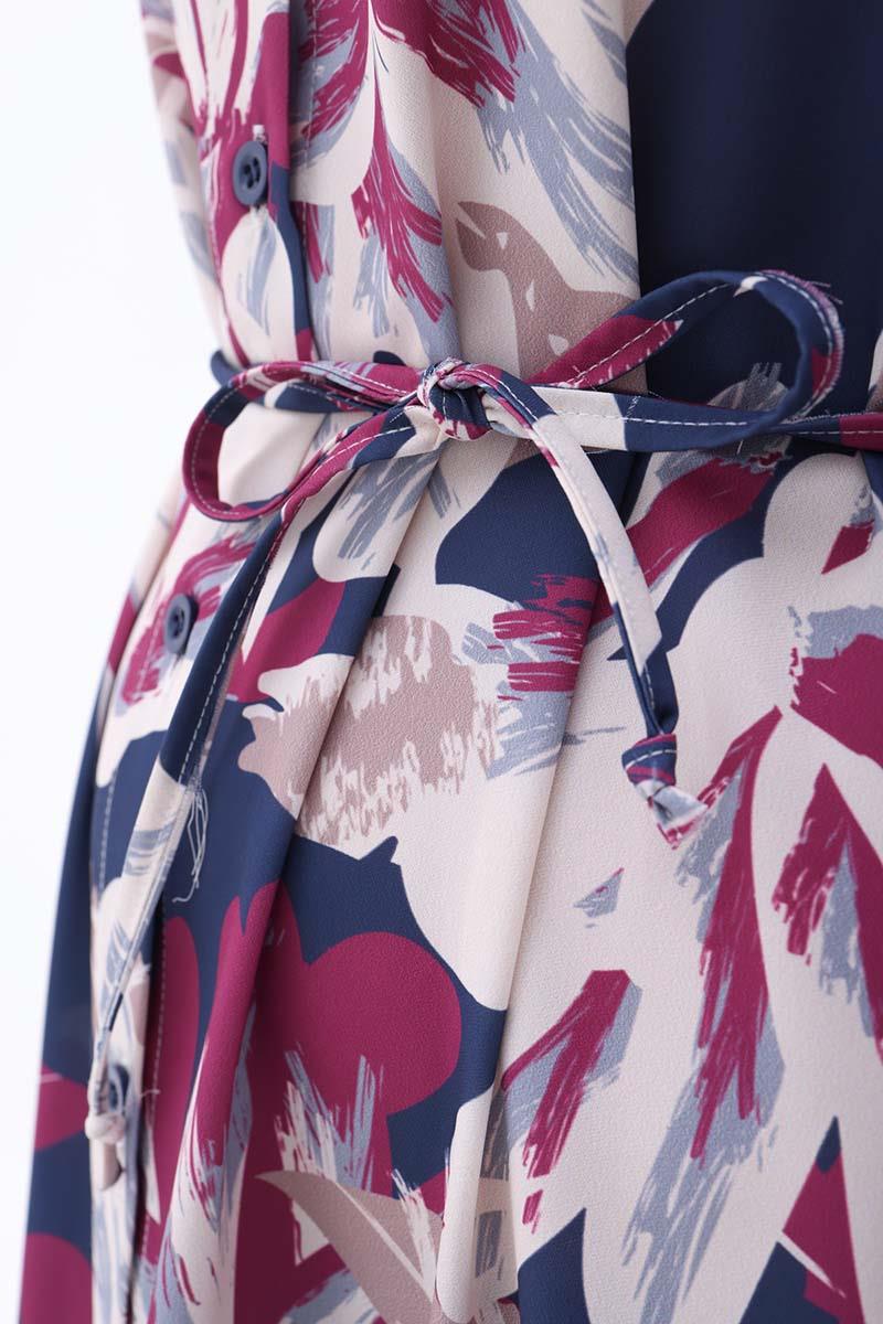 Desenli Rüzgarlıklı Kemerli Elbise