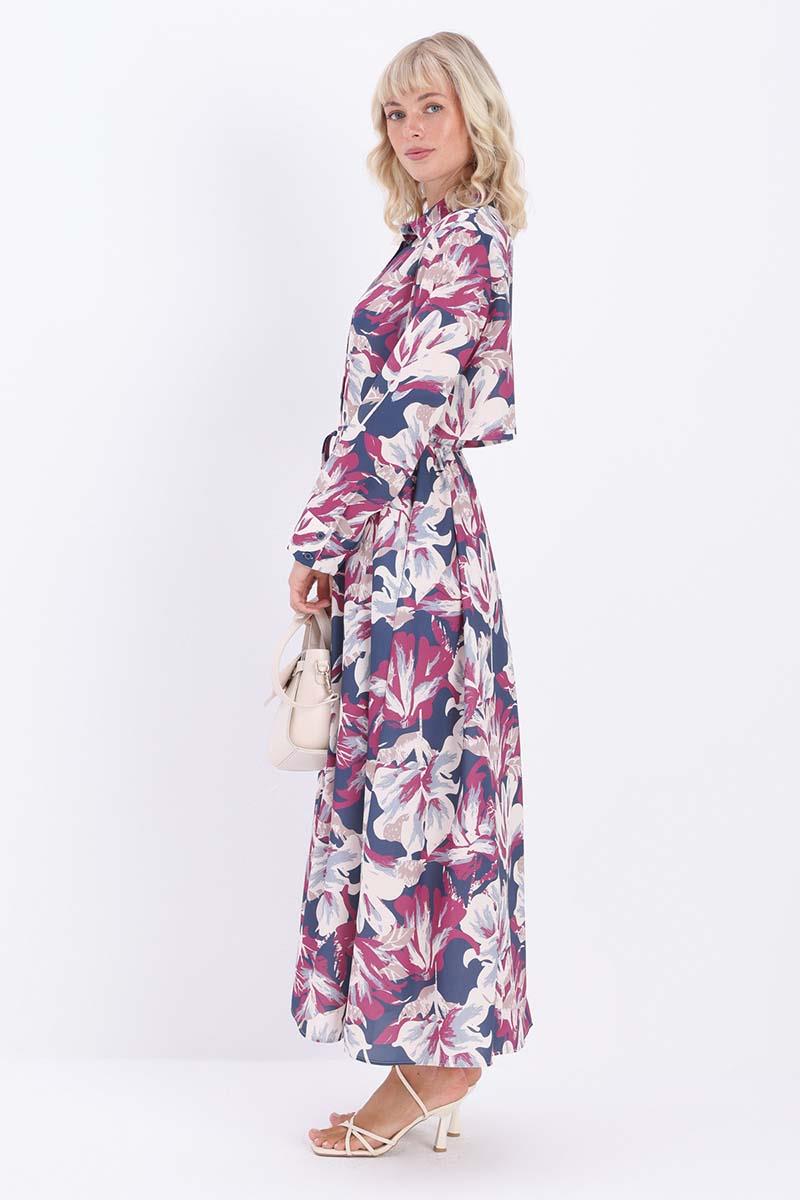 Desenli Rüzgarlıklı Kemerli Elbise