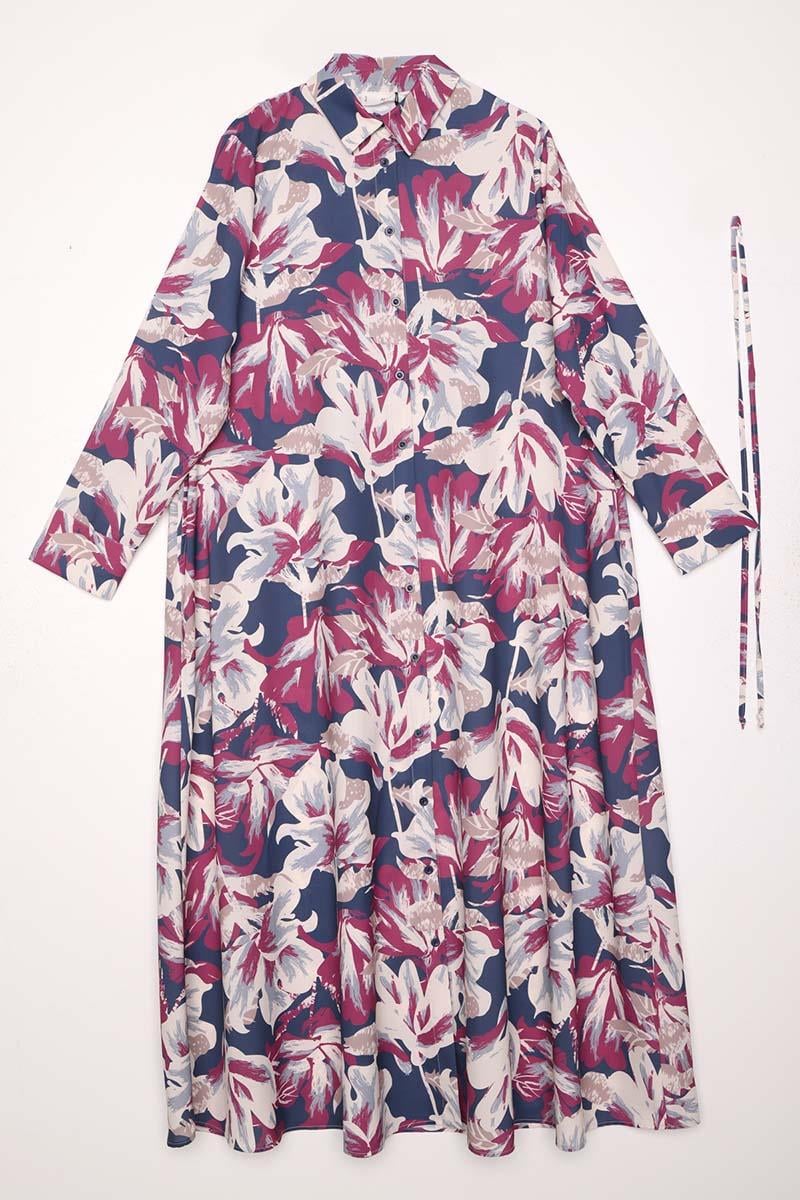 Desenli Rüzgarlıklı Kemerli Elbise